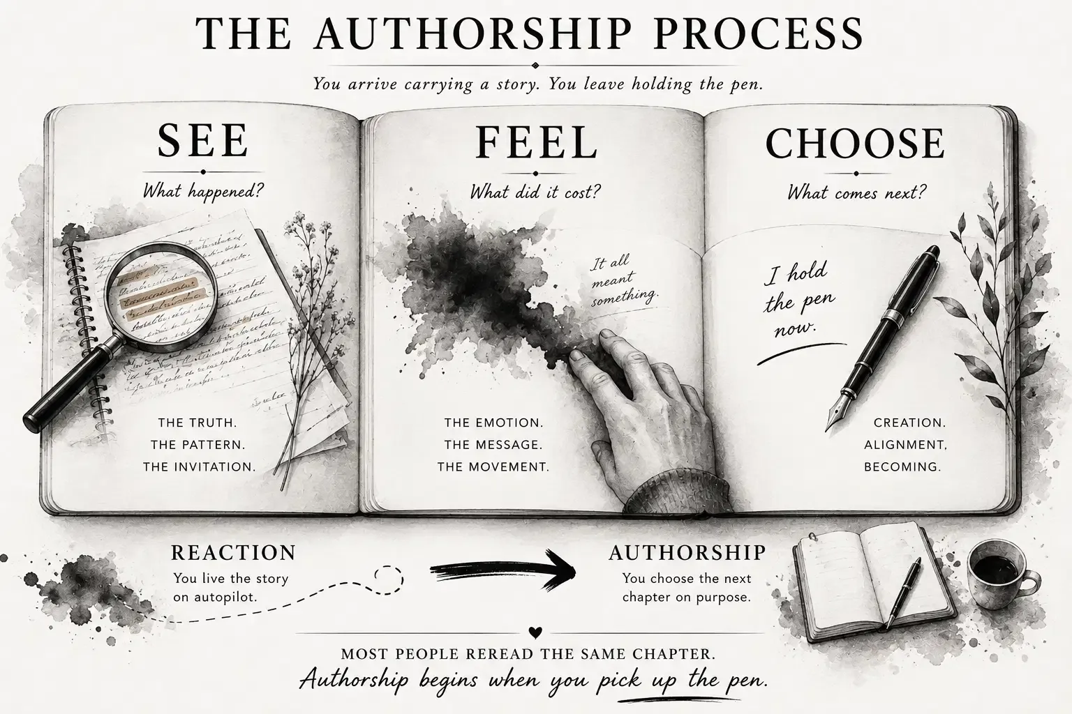 Illustrated journal showing the See, Feel, Choose authorship process