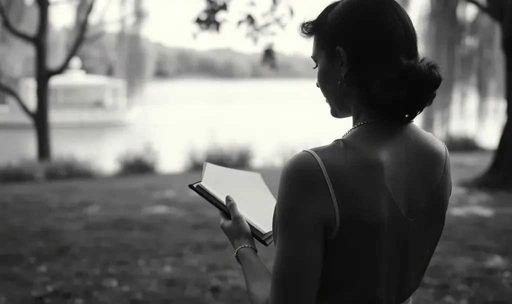 A woman pauses with an open journal in a quiet outdoor setting
