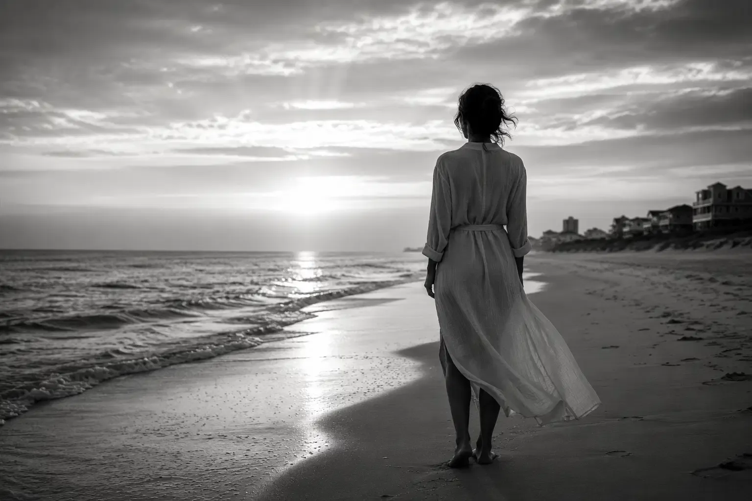 A woman stands at the water's edge, looking toward the open horizon
